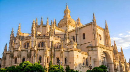 Fototapeta premium Segovia cathedral facade with gothic spires and golden dome