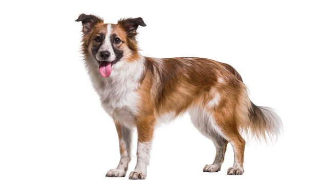 Red brown white Border Collie dog standing and panting
