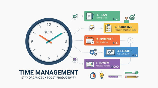 Comprehensive time management infographic with step by step process for planning prioritizing scheduling and execution management planning schedule