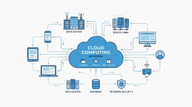Enterprise cloud computing network infrastructure diagram featuring data centers and server farms database security computing technology internet