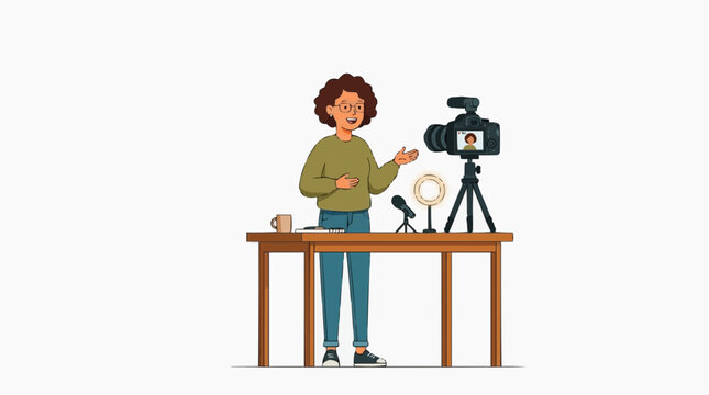 Female content creator vlogging with camera and ring light in professional home studio setup recording microphone ringlight blogging professional