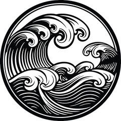 Fototapeta premium Ocean wave, circular wave, black and white vector, stylized sea swell, crest illustration
