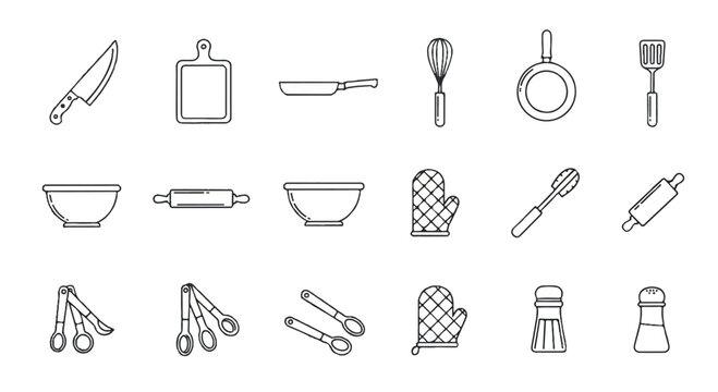 Kitchen utensils and cookware line art icons set. various cooking tools and equipment vector illustration with cutting board rolling pin oven mitt