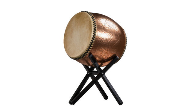 Traditional Japanese Taiko Drum with Copper Rim on Metal Stand