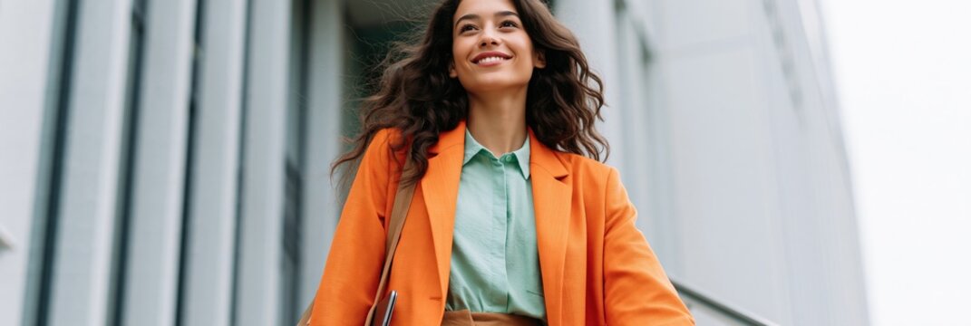 Confident woman walking near modern office building entrance