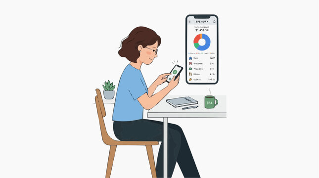 Woman checking personal expenses on finance mobile app while sitting at desk with tea expenses smartphone planning accounting lifestyle analysis