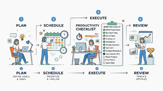 Productivity checklist workflow process infographic illustration with productivity workflow checklist planning management business strategy