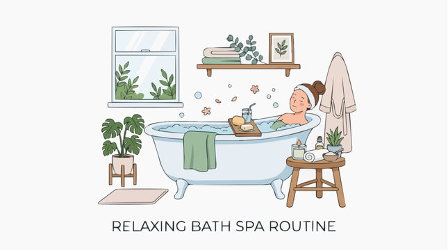 Woman relaxing in bubble bath at home spa vector illustration with self care relaxation wellness lifestyle bathroom interior peaceful
