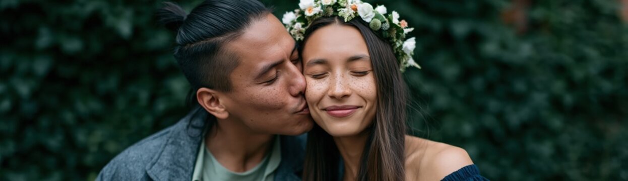 Male partner kissing female partner wearing flower crown outdoors