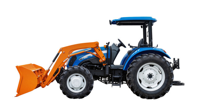 Blue agricultural tractor with orange front loader and silver wheels