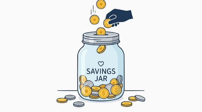 Vector illustration of a glass savings jar filled with coins being deposited by a hand investment financial planning business accounting