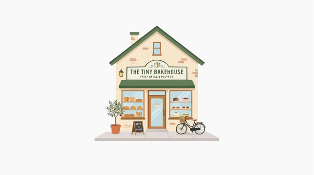 Charming small local bakehouse shop facade with bread and pastries in the window architecture building business storefront