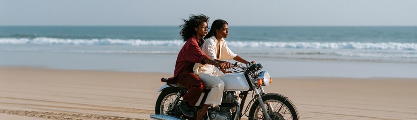 Naklejka premium Two riders cruising motorcycle on ocean sand beach