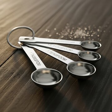 Silver Measuring Spoons Resting on Dark Rustic Wooden Table
