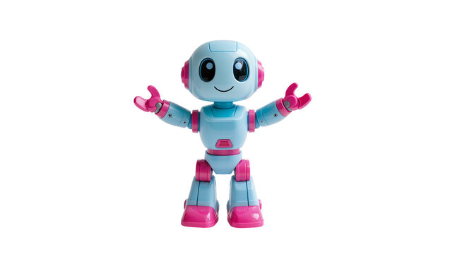 Blue plastic toy robot with pink accents and smiling face