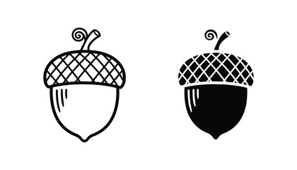 Autumn acorn nut icon set with detailed texture and stem for seasonal branding and nature design projects in outline and solid black style isolated on white background © Color