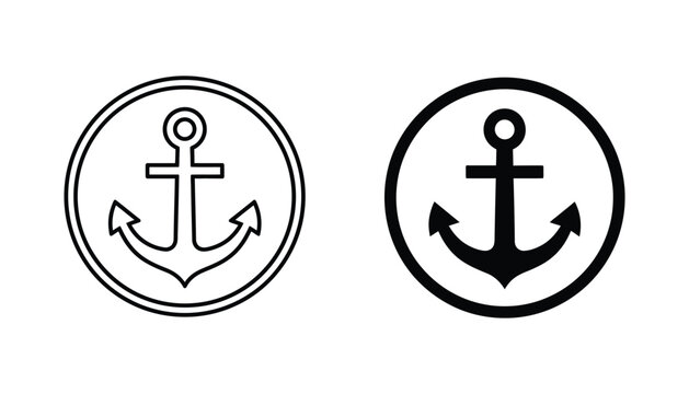 Nautical anchor icon set inside a circle for marine and maritime branding with clean outline and solid black silhouette versions isolated on white background