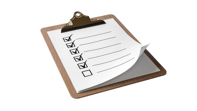 Wooden clipboard with metal clip holding paper checklist