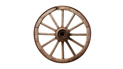 Vintage wooden wagon wheel with spokes and metal hub © Fried