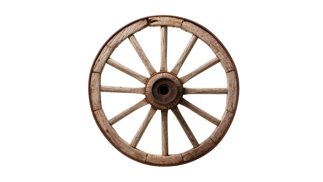 Vintage wooden wagon wheel with spokes and metal hub