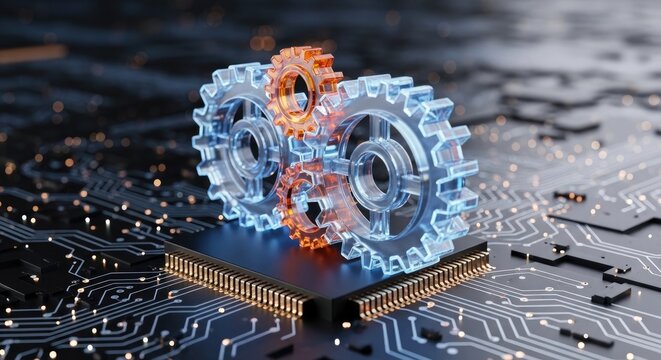 A translucent, glowing gear set rests on a circuit board. The gears are orange and blue, emitting a bright light.