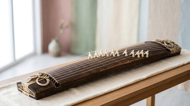 Traditional Japanese Koto Instrument in Elegant Diagonal Placement