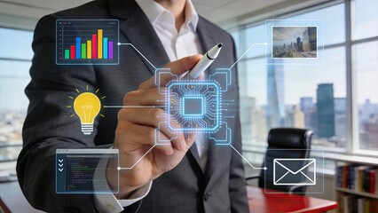 Fototapeta premium Businessman using digital interface with hologram icons for data analysis and innovation in modern office