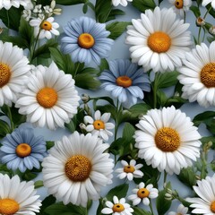 Fototapeta premium Seamless pattern of white daisies on green background, floral design, decorative wallpaper, nature motif. SEAMLESS PATTERN