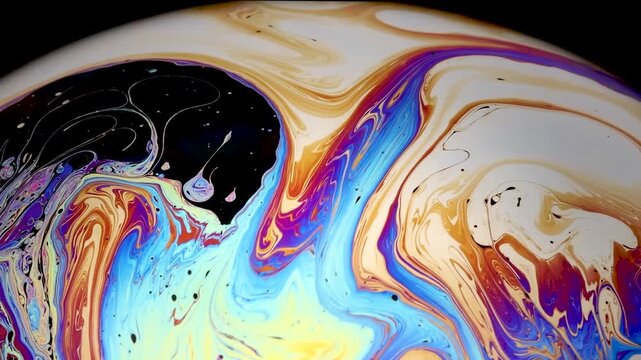 Colorful soap bubble floating gracefully, showcasing its stunning, ever-changing hues in this mesmerizing close-up slow motion video. A delicate dance of light and color captured in every curves.