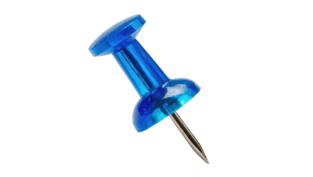 Shiny blue plastic thumbtack with metal pin, isolated on transparent background