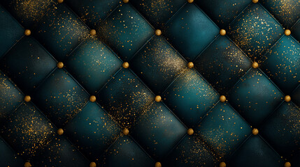 Naklejka premium Luxury Emerald Green Tufted Leather Texture with Gold Glitter. Elegant Quilted Upholstery Background with Golden Studs