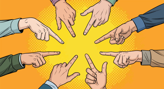 Many fingers pointing towards the center symbolizing blame or accusation.