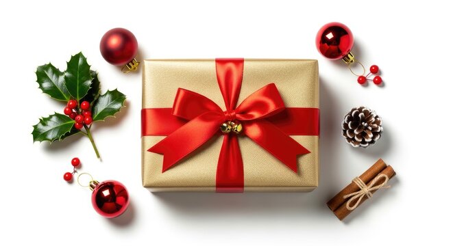 A golden gift box is beautifully wrapped with a large red satin bow. Red ornaments, a sprig of holly, and several red berries adorn the gift.