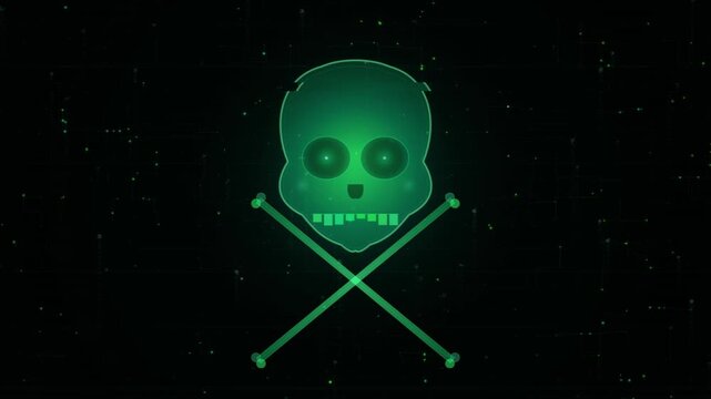 Digital skull and crossbones icon, cyber security threat concept, green glowing neon graphic on dark background
