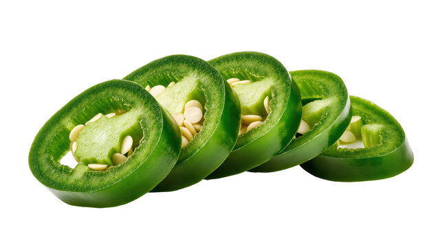 Several bright green jalapeno pepper slices with visible seeds, isolated on transparent background