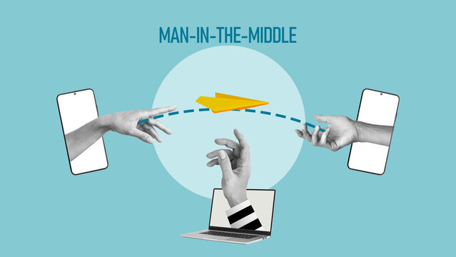 Man in the Middle MITM attack, intercepted communication between users, cybersecurity threat, data interception and eavesdropping, network vulnerability, digital security risk and hacking scenario