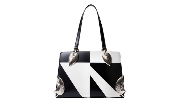 Black and White Checkered Handbag with Silver Leaf Accents and Brown Handles