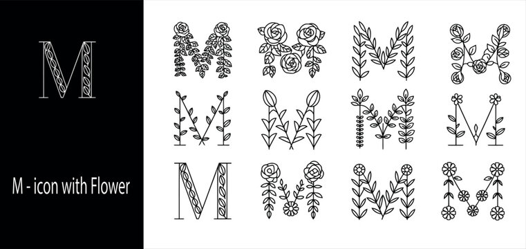 Floral letter M monogram set, botanical initial icons in monoline style, elegant rose and leaf alphabet elements for wedding branding and logo design.