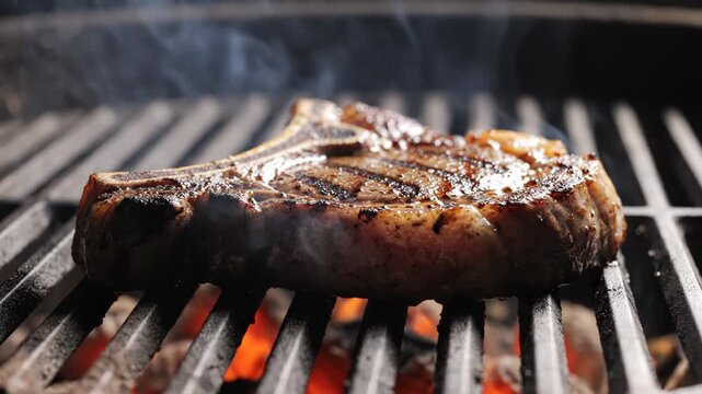 Juicy T-Bone Steak Grilling Over Open Charcoal Flames.