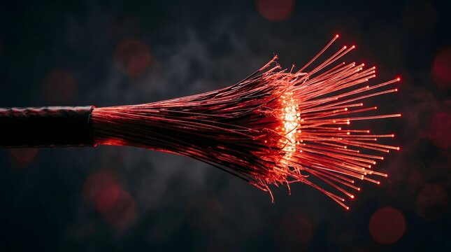 Fiber optic cable closeup with glowing red light