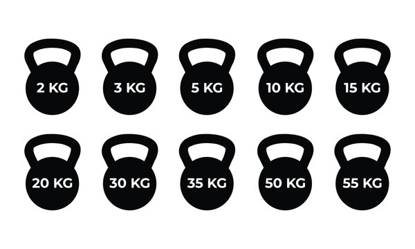 Kettlebell weights, gym fitness icons, strength training equipment set, black silhouette design showing labeled kilogram loads on a clean background.