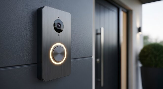 close up of a smart doorbell with camera and illuminated button