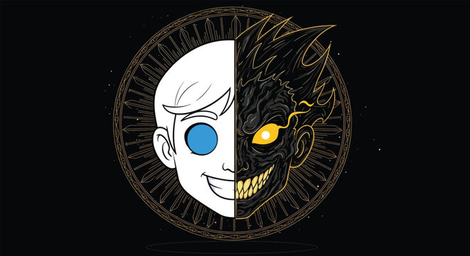Split Personality Evil vs Good Face Illustration.