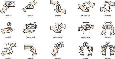 Fototapeta premium Payment and Cash Transaction Icon Set with Hands, Currency, Bank Cards, and Payment Methods for Financial, Ecommerce, and Digital Transactions