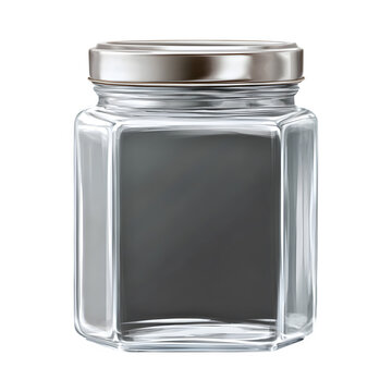 Empty hexagonal glass jar with metal lid isolated on transparent background