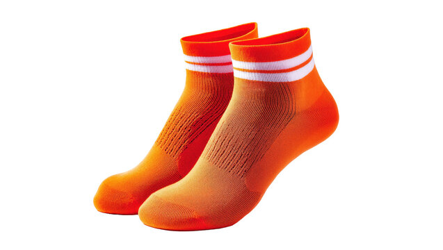 Pair of orange ankle socks with white stripes, isolated on transparent background