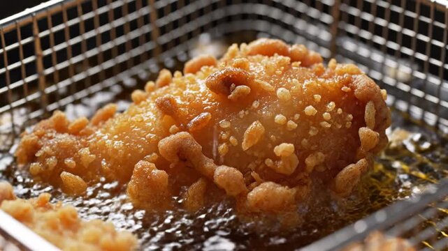 Crispy chicken drumsticks deep frying in hot bubbling oil.
