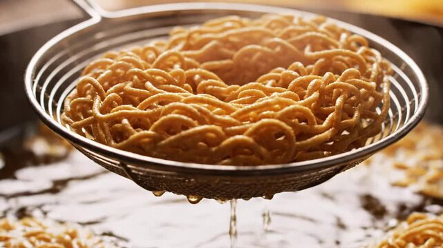 Deep frying crispy instant noodles in a commercial kitchen wok.
