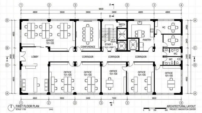 Architectural floor plan drawing with dimensions and room layouts.