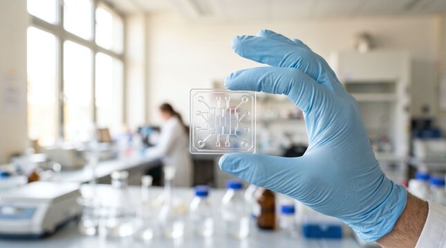 Scientist Holding Microfluidic Chip in Modern Research Laboratory